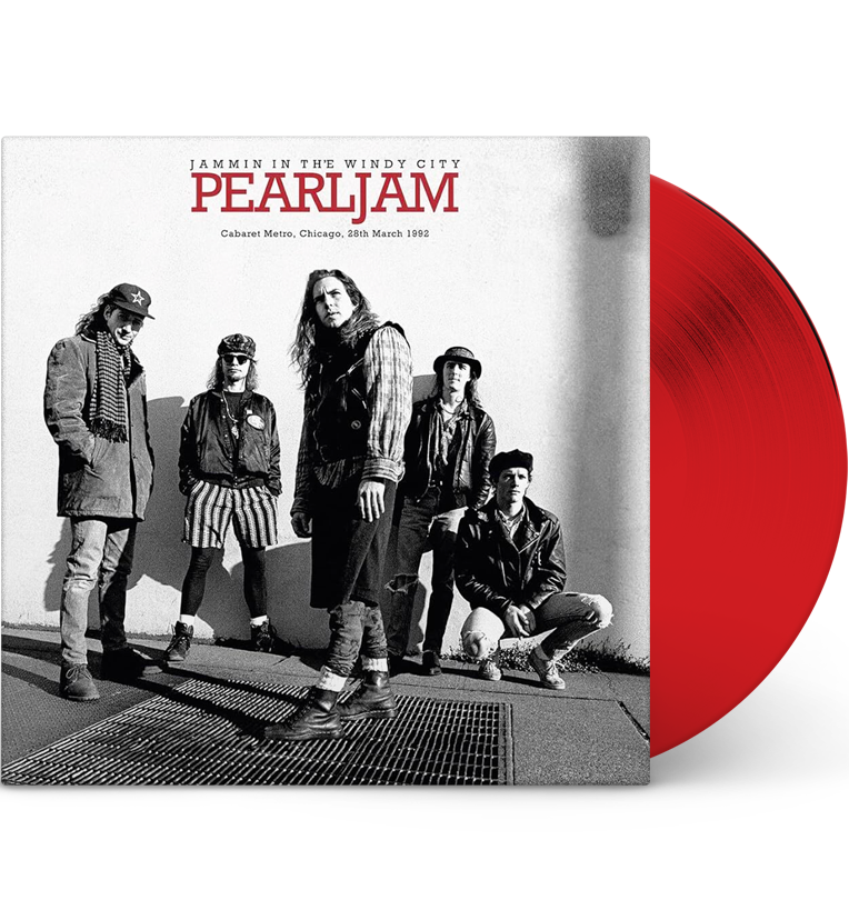 Vinyl record front cover for 'Pearl Jam Jammin’ in the Windy City.' The cover features a black-and-white photo of the band members standing together in a casual, urban setting. The title 'Pearl Jam' is prominently displayed in red letters at the top, with 'Jammin’ in the Windy City' and 'Cabaret Metro, Chicago, 28th March 1992' written below it. The vinyl itself is a vibrant red colour, adding a unique visual element.