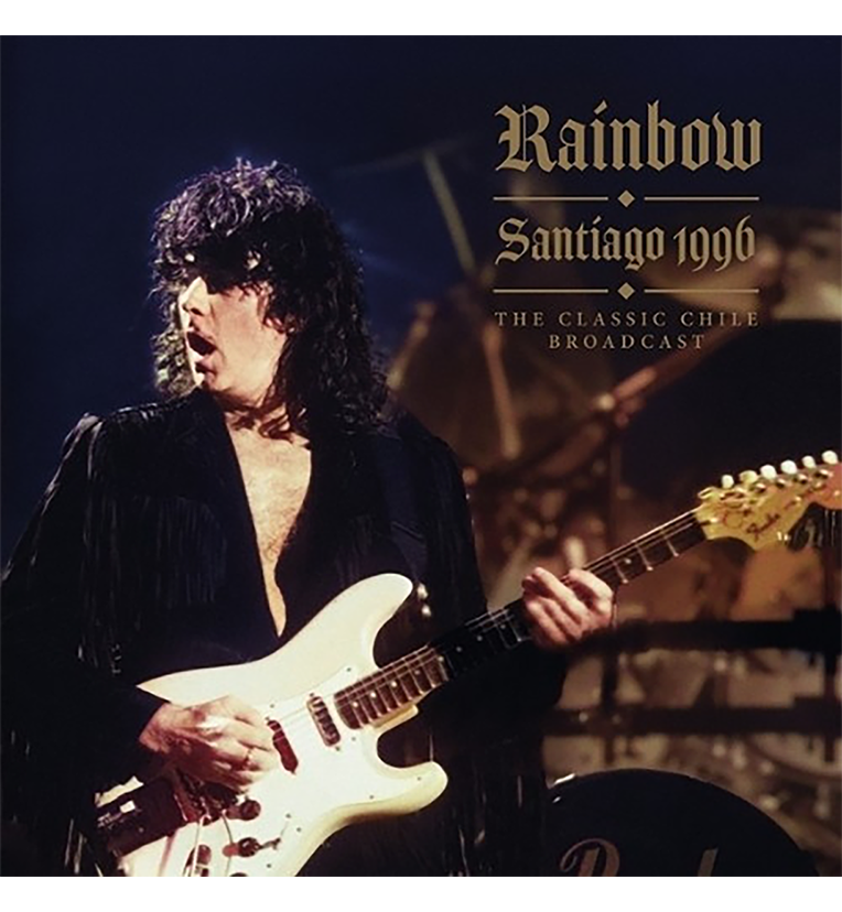 Rainbow ‘Santiago 1996’ vinyl record front cover. The image features the front cover with a dark background, an image of Ritchie Blackmore performing, and the band name ‘Rainbow’ above the album title.