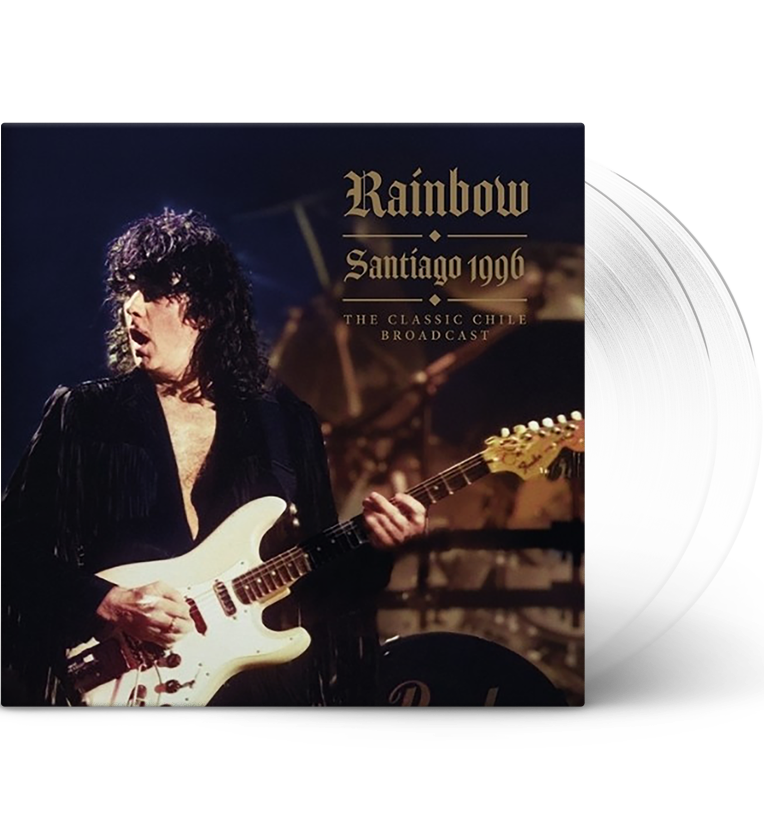 Rainbow ‘Santiago 1996’ vinyl record mockup. The image features the front cover with a dark background, an image of Ritchie Blackmore performing, and the band name ‘Rainbow’ above the album title. The clear vinyl records are prominently displayed.