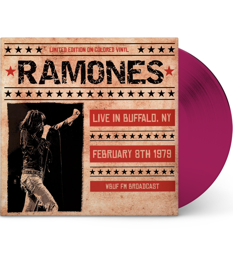 Vinyl record front cover for 'Ramones – Live in Buffalo, NY.' The cover features a vintage design with a distressed texture, highlighting the band name 'Ramones' in bold, black letters. Below, it displays 'Live in Buffalo, NY,' 'February 8th 1979,' and 'WBUF FM Broadcast' in red text boxes. A black-and-white image of a band member singing into a microphone is on the left. The vinyl itself is a vibrant magenta color, adding a unique and striking visual element.