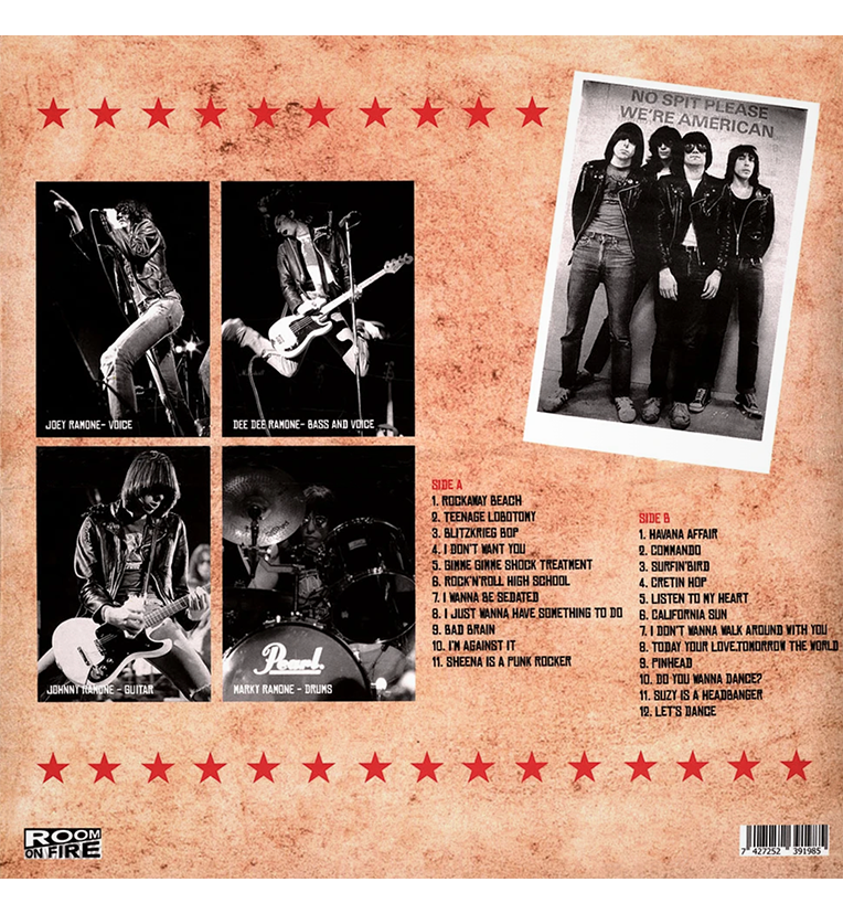 Vinyl record back cover for ‘Ramones – Live in Buffalo, NY.’ The cover features a vintage design with a distressed texture. It includes black-and-white photos of band members: Joey Ramone (voice), Dee Dee Ramone (bass and voice), Johnny Ramone (guitar), and Marky Ramone (drums). A polaroid-style image of the band with the text ‘No Spit Please, We’re American’ is on the top right.