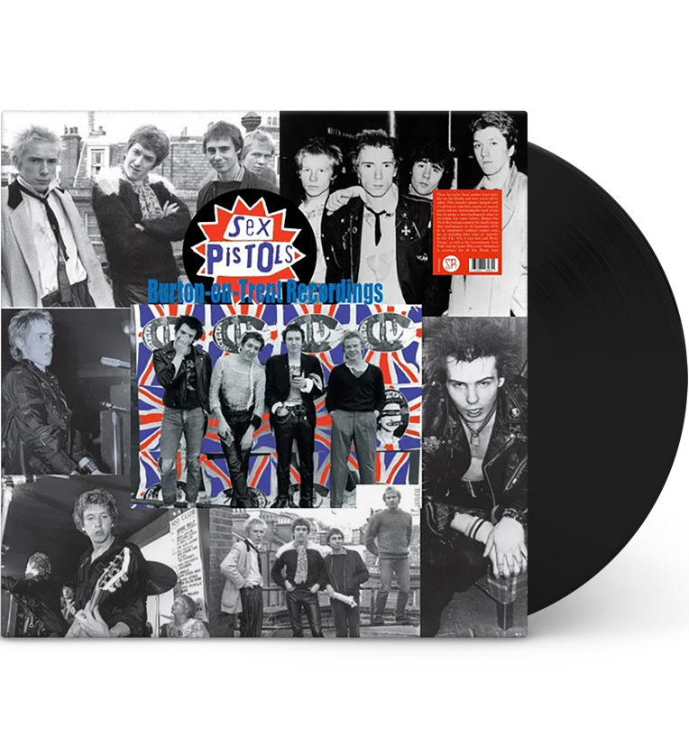 A mockup image of the vinyl record ‘Sex Pistols – Burton-On-Trent Recordings.’ The cover displays a collage of black and white photographs of the Sex Pistols band members in various poses, with some images set against a backdrop of the Union Jack flag. The band’s name ‘Sex Pistols’ is prominently displayed in the center within a spiked speech bubble, with the album title ‘Burton-On-Trent Recordings’ in blue lettering below it. The vinyl record is partially visible on the right side of the image.