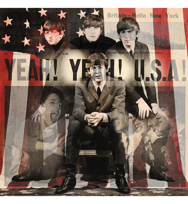 Front cover of the vinyl record ‘The Beatles – Convention Hall, Philadelphia, 1964.’ The cover displays a vintage collage-style design with images of band members, set against a backdrop of the American flag and headlines like ‘YEAH! YEAH! U.S.A!’ The design captures the excitement of The Beatles’ arrival in the United States, with additional elements like screaming fans and newspaper clippings.