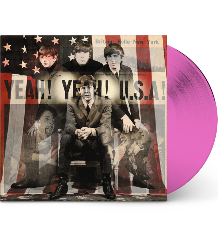 A mockup image of the vinyl record ‘The Beatles – Convention Hall, Philadelphia, 1964.’ The cover displays a vintage collage-style design with images of band members, set against a backdrop of the American flag and headlines like ‘YEAH! YEAH! U.S.A!’ The design captures the excitement of The Beatles’ arrival in the United States, with additional elements like screaming fans and newspaper clippings. The pink vinyl record is visible on the right side of the image, adding a vibrant touch to the retro theme.