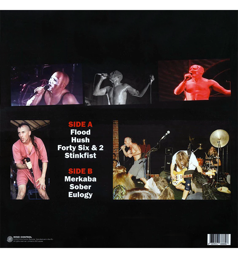 Vinyl record back cover featuring live performance photos of the band Tool. Side A includes tracks Flood, Hush, Forty Six & 2, and Stinkfist. Side B includes tracks Merkaba, Sober, and Eulogy. The cover shows images of the band members performing on stage with intense expressions and energetic poses.