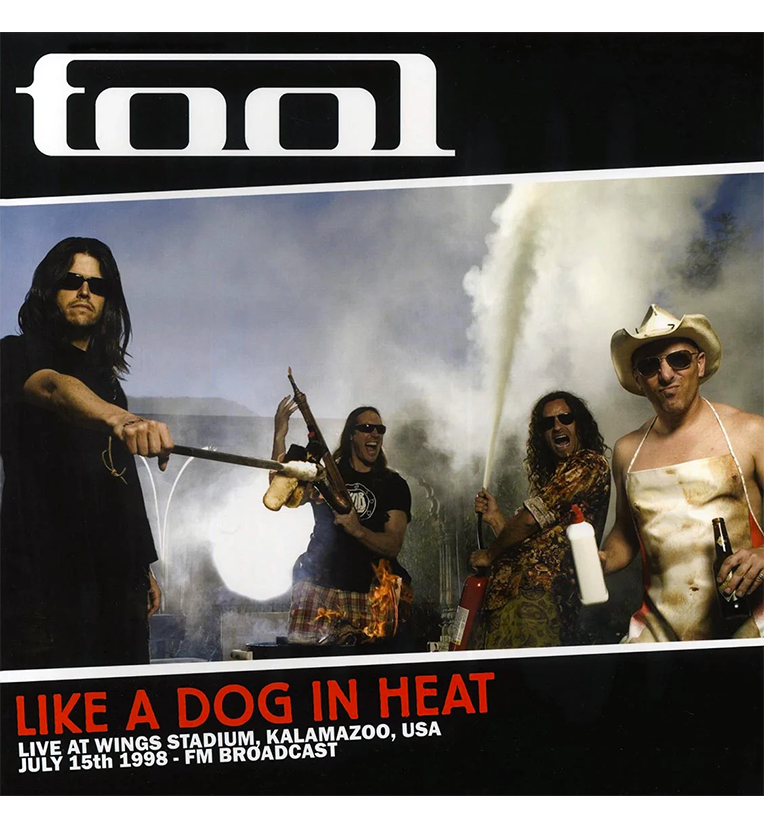 Tool 'Like a Dog in Heat' Vinyl Record Album Cover - Features the band members posing with humorous props and costumes, including a fire extinguisher and a grill, with the album title and details of the live performance at Wings Stadium, Kalamazoo, USA, in bold text.