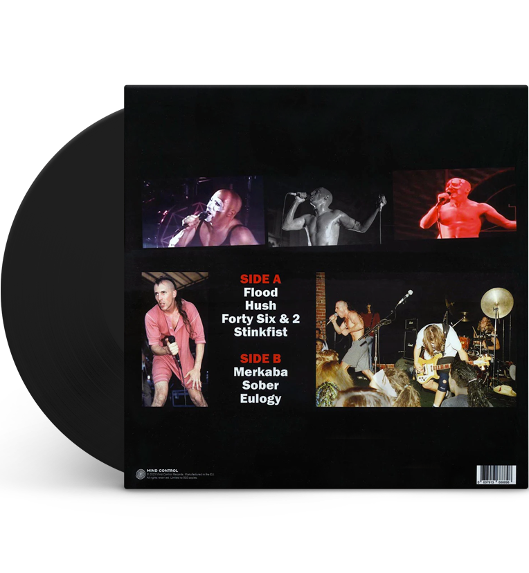 Vinyl record back cover featuring live performance photos of the band Tool. Side A includes tracks Flood, Hush, Forty Six & 2, and Stinkfist. Side B includes tracks Merkaba, Sober, and Eulogy. The cover shows images of the band members performing on stage with intense expressions and energetic poses.