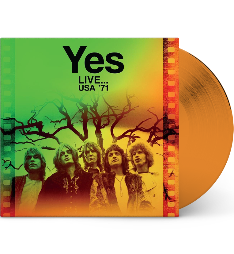 Vinyl record front cover for 'Yes Live USA '71.' The cover features a colourful, gradient background with shades of green, yellow, and orange, and a filmstrip border on the left and right edges. A photo of the band members is set against a backdrop of tree branches. The title 'Yes' is displayed in bold black letters at the top, with 'Live... USA '71' written below it. The vinyl itself is a vibrant orange colour, adding a unique visual element.