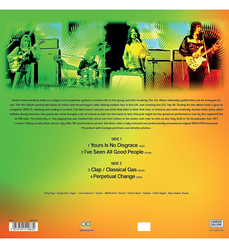 Vinyl record back cover for ‘Yes Live USA ‘71.’ The cover features a colourful gradient background with shades of green, yellow, and orange. At the top, there are four images of the band members performing live, each framed in a different color. Below the images, there is a detailed description of the band’s performance and history. The tracklist is divided into two sides.