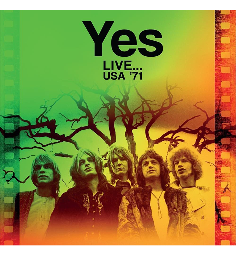 Vinyl record front cover for 'Yes Live USA '71.' The cover features a colourful, gradient background with shades of green, yellow, and orange, and a filmstrip border on the left and right edges. A photo of the band members is set against a backdrop of tree branches. The title 'Yes' is displayed in bold black letters at the top, with 'Live... USA '71' written below it.