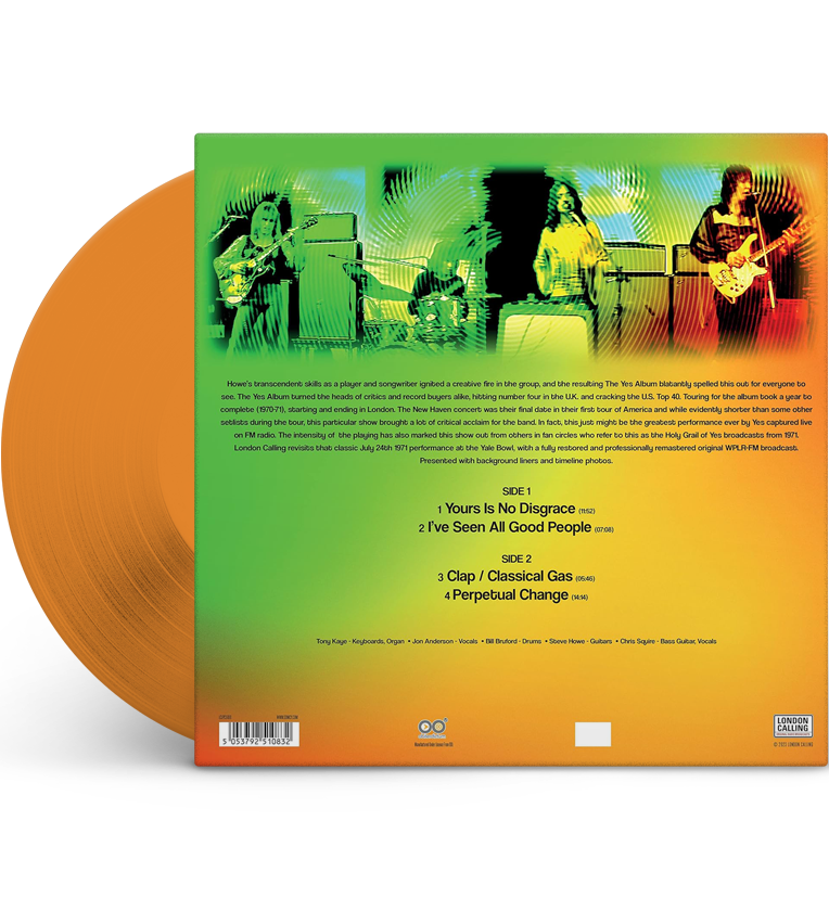 Vinyl record back cover for ‘Yes Live USA ‘71.’ The cover features a colourful gradient background with shades of green, yellow, and orange. At the top, there are four images of the band members performing live, each framed in a different color. Below the images, there is a detailed description of the band’s performance and history. The tracklist is divided into two sides. The vinyl itself is a vibrant orange colour, adding a unique visual element.